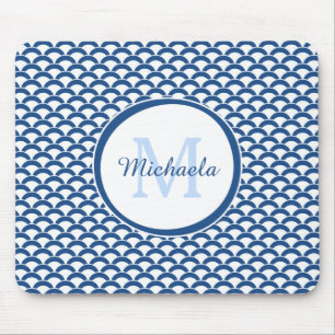 Modern Blue and White Scallops Monogram and Name Mouse Mat