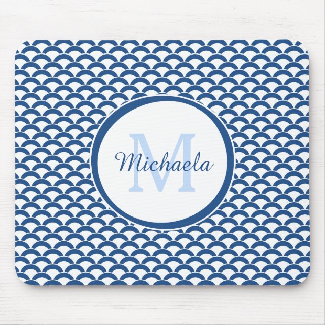 Modern Blue and White Scallops Monogram and Name Mouse Mat (Front)
