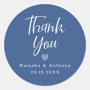 Modern Blue And White Script Thank You Wedding Classic Round Sticker