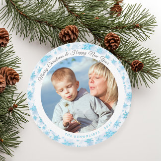Modern Blue and White Snowflakes Christmas Photo Holiday Card