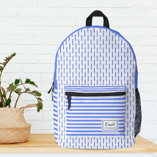 Modern Blue and White Stripes Monogram  Printed Backpack
