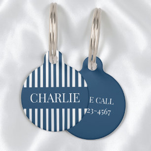 Modern Blue and White Stripes Personalized Name Pet Tag