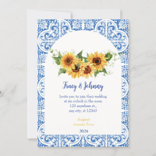 Modern Blue and White Tiles Sunflower Wedding Card