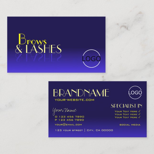 Modern Blue and Yellow Chic Mirror Font with Logo Business Card (Front/Back)