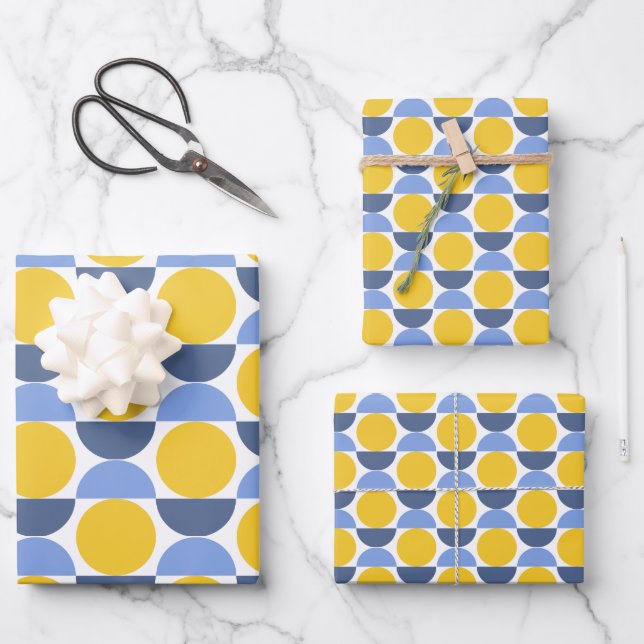 Modern Blue and Yellow Geometric Shapes Wrapping Paper Sheet (Front)