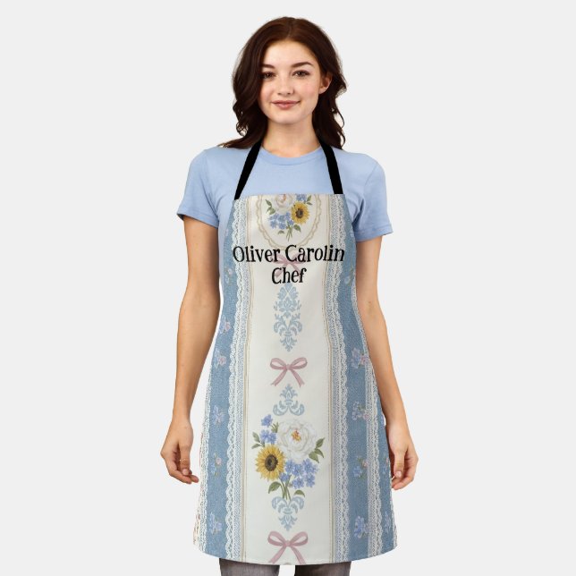 Modern Blue Apron with Custom Text Personalised (Worn)