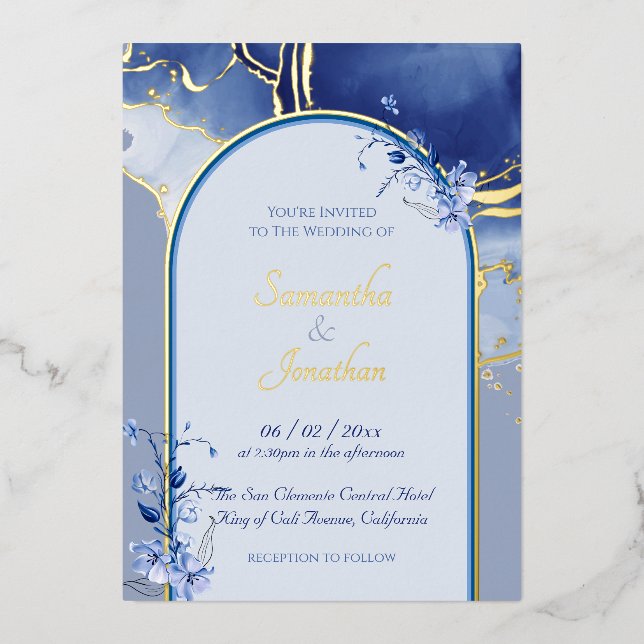 Modern Blue Aqua Marble Wedding Foil Invitation (Front)