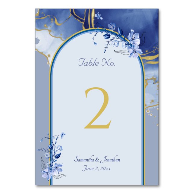 Modern Blue Aqua Marble Wedding Table Number (Front)