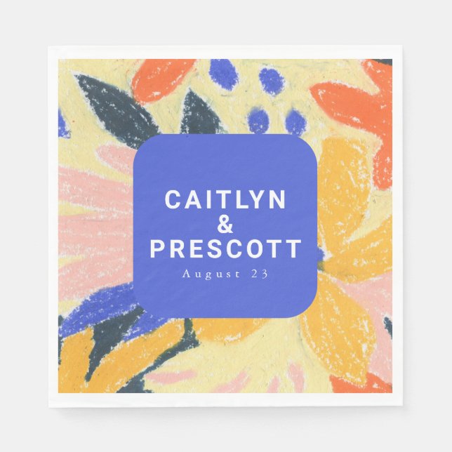 Modern Blue Artsy Abstract Botanical Wedding Napkin (Front)