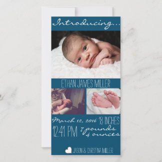 Modern Blue Baby Birth Announcement Photo Card