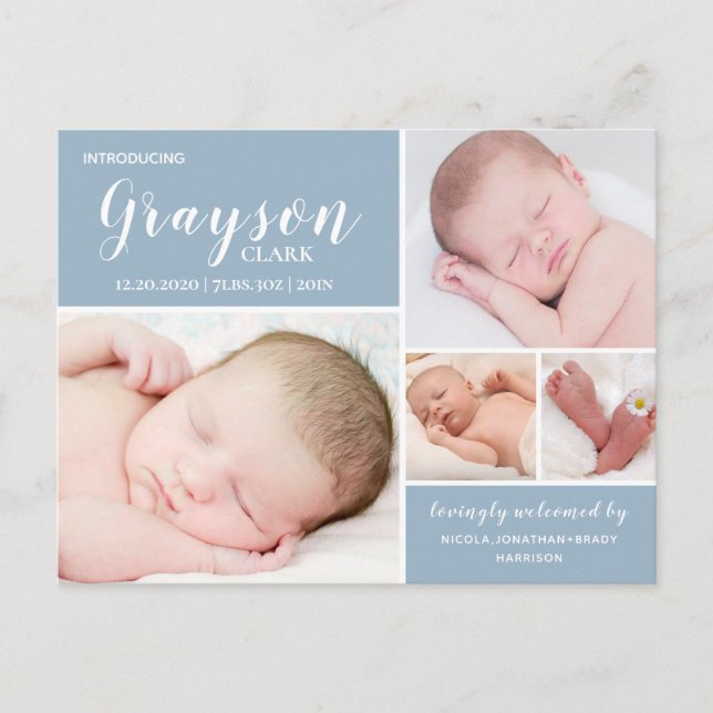 Modern Blue Baby Boy Birth Announcement Postcard (Front)