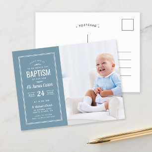 Modern Blue Baby Boy Photo Baptism Postcard