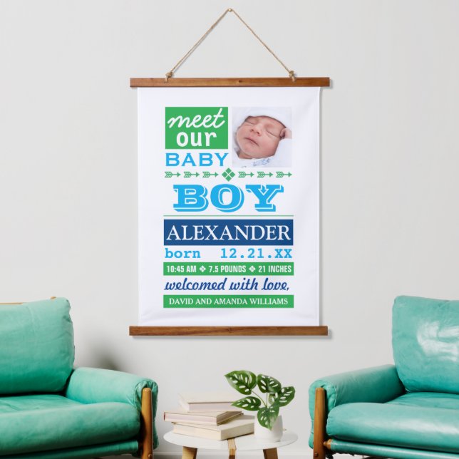 Modern Blue Baby Boy Photo Birth Announcement Hanging Tapestry (Living Room)