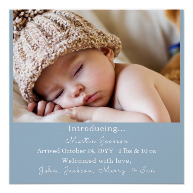 Modern Blue Baby Boy Photo Birth Announcement  Poster (Front)