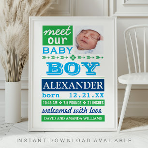 Modern Blue Baby Boy Photo Birth Announcement Poster