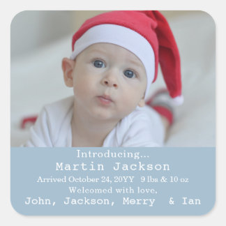 Modern Blue Baby Boy Photo Birth Announcement  Square Sticker