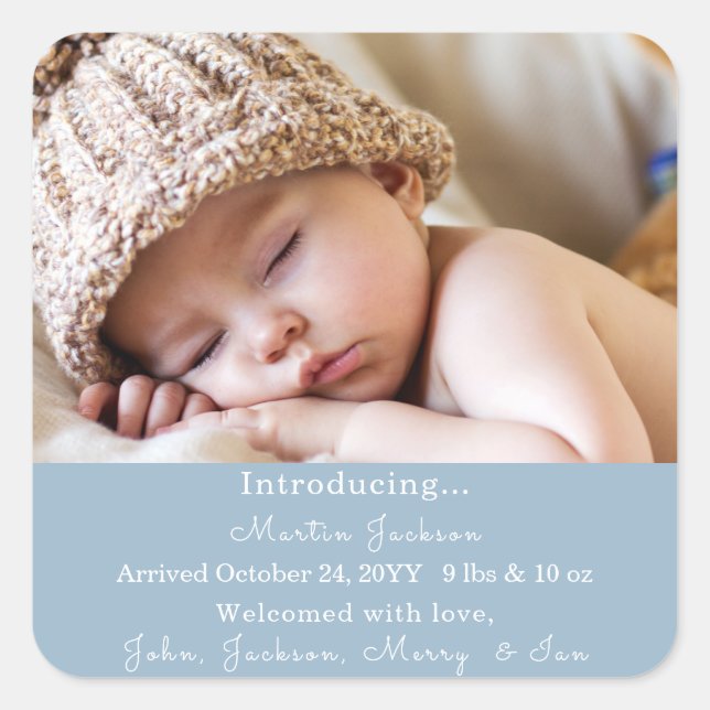 Modern Blue Baby Boy Photo Birth Announcement  Square Sticker (Front)