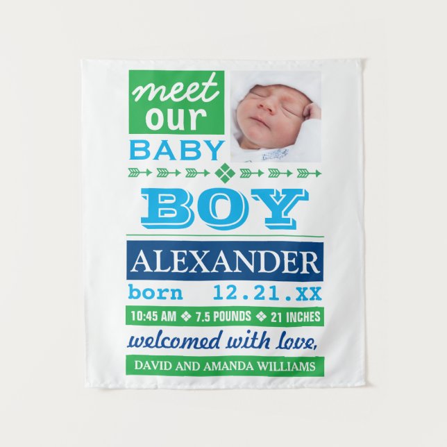 Modern Blue Baby Boy Photo Birth Announcement Tapestry (Front)