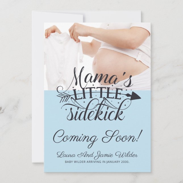 Modern Blue Baby Boy Typography Photo Pregnancy Announcement (Front)