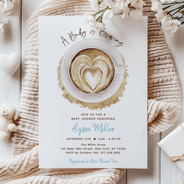 Modern Blue Baby Is Brewing Coffee Baby Shower Invitation (Creator Uploaded)