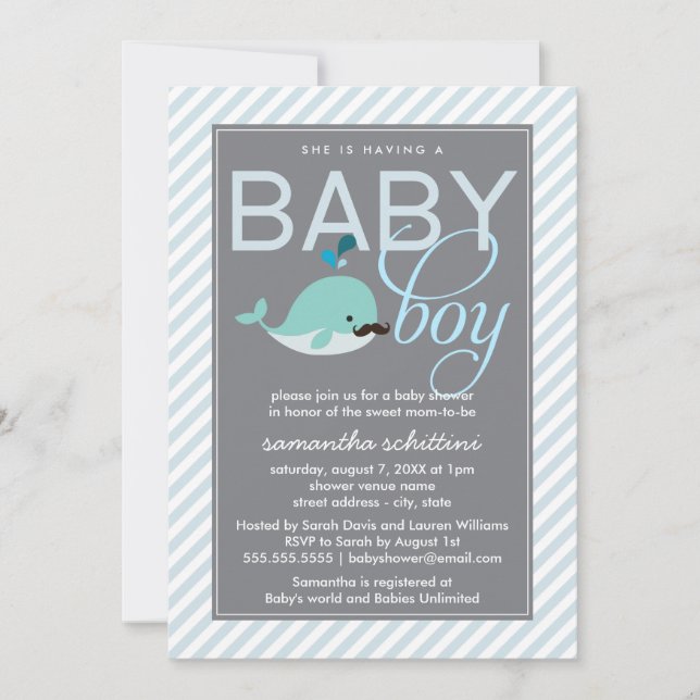 Modern Blue Baby Shower Boy Little Whale Moustache Invitation (Front)