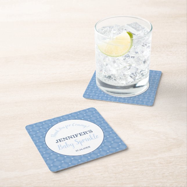 Modern Blue Baby Sprinkle Party Thank You  Square Paper Coaster (Insitu)