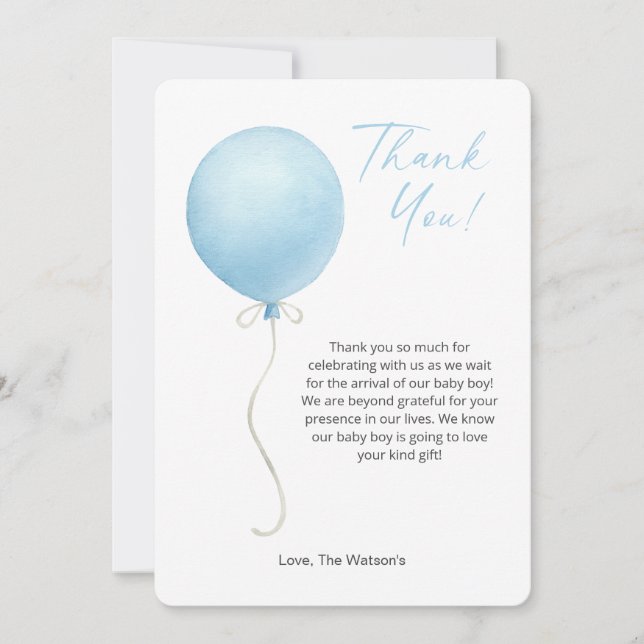Modern Blue Balloon Baby Shower Thank You Card (Front)