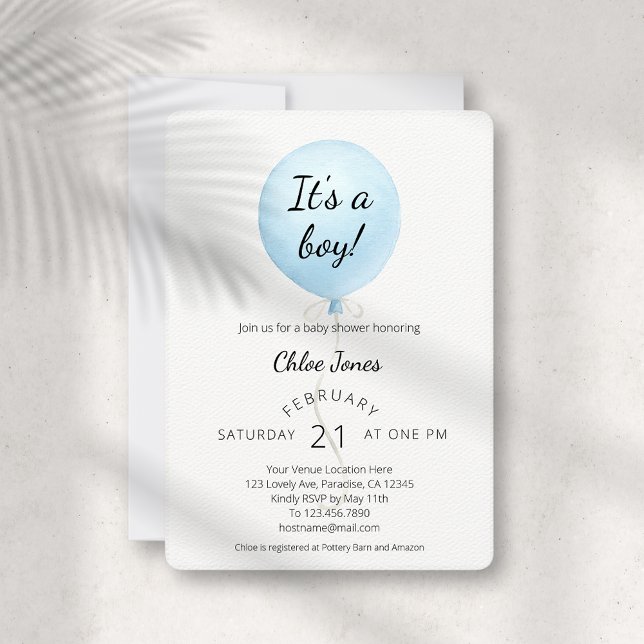 Modern Blue Balloon Boy Baby Shower Invitation (Creator Uploaded)