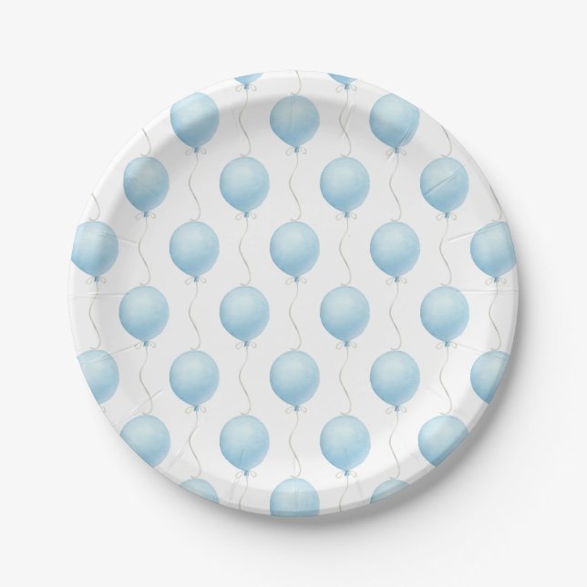 Modern Blue Balloon Boy Baby Shower Paper Plate (Front)