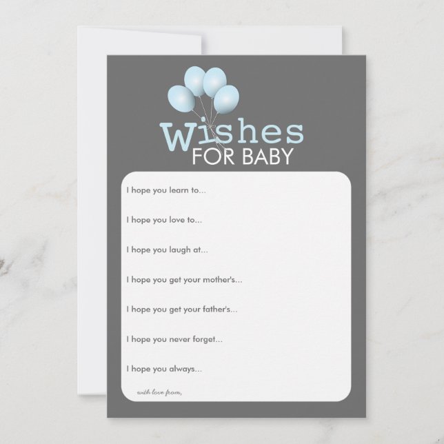 Modern Blue Balloon Boy Baby Shower Wishes Card (Front)