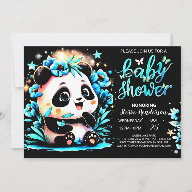 Modern Blue Bamboo Panda Boy Baby Shower Invitation (Front)