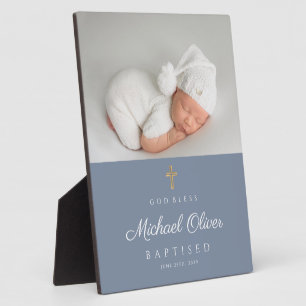 Modern Blue Baptised Boy Photo Keepsake Plaque