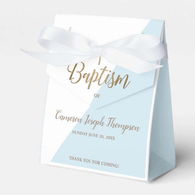 Modern Blue Baptism Baby Boy Thank you Gold Cross Favour Box (Front Side)