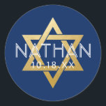 Modern Blue Bar Mitzvah Star of David Personalised Classic Round Sticker<br><div class="desc">Elegant modern blue and gold classic bar mitzvah stickers with custom name, date and Star of David design. These bar mitzvah favour tag stickers are stylish and classy envelope seals, or on DIY bar and bat mitzvah party decor projects. Click CUSTOMIZE FURTHER to edit background and text colour, font or...</div>