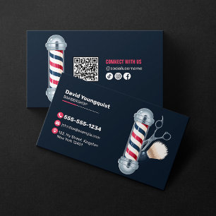 Modern Blue Barbershop Hairdresser Stylist QR code Business Card