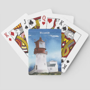 Modern Blue Beach Ocean Lighthouse Monogrammed Playing Cards