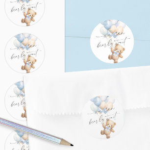 Modern Blue Bearly Wait baby Boy Shower Classic Round Sticker
