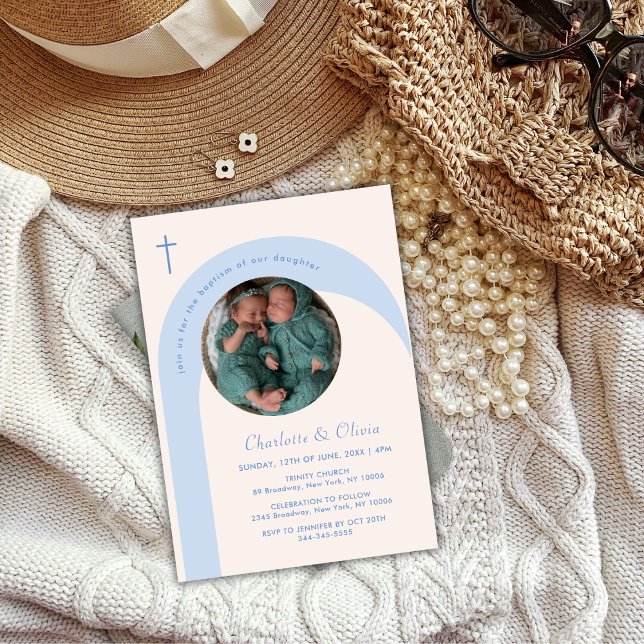 Modern Blue Beige Boho Arch Photo Cross Baptism Invitation (Modern Blue Beige Boho Arch Photo Cross Baptism Invitation)
