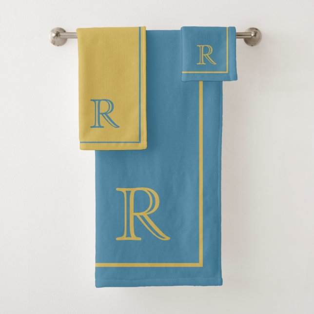 modern Blue &Beige initial  Monogram Pattern Bath Towel Set (Insitu)