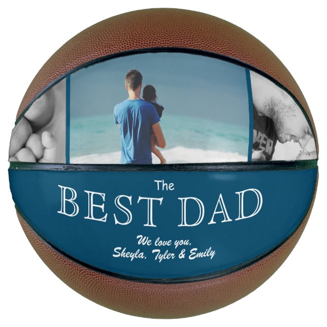 Modern Blue Best Dad Father`s Day 3 Photo Collage Basketball (Front)