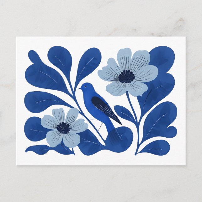 Modern Blue Bird & Floral Illustration – Abstract Postcard (Front)