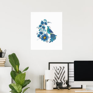 Modern Blue Bird & Flowers Petrykivka Art Print