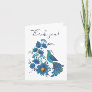 Modern Blue Bird Folk Art Floral Greeting Card