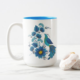 Modern Blue Bird Folk Art Floral  Two-Tone Coffee Mug