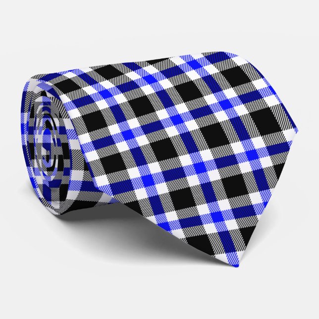 Modern Blue Black and White Plaid Pattern Tie (Rolled)