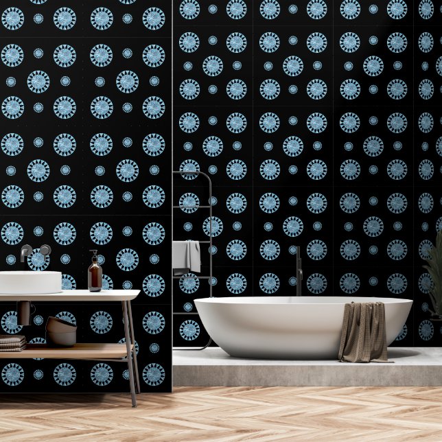 Modern Blue Black Circle Geometric Pattern  Wallpaper (Bathroom)