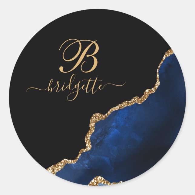 Modern Blue Black Gold Agate Geode Classic Round Sticker (Front)