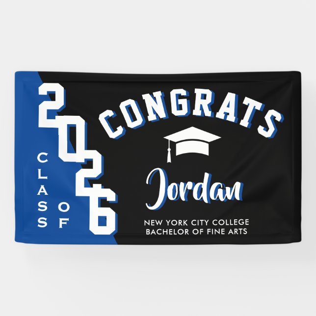 Modern Blue Black Graduation Class of 2025 Party Banner (Horizontal)