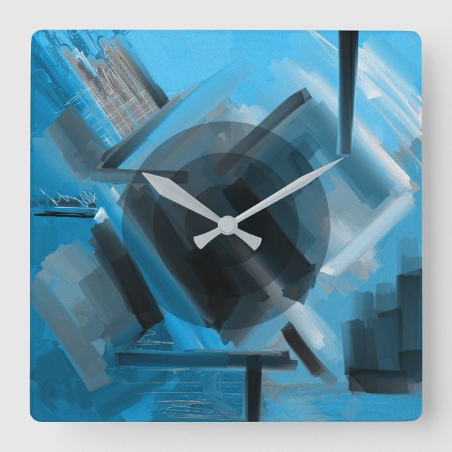 Modern Blue Black Grey Dynamic Abstract Art Square Wall Clock (Front)