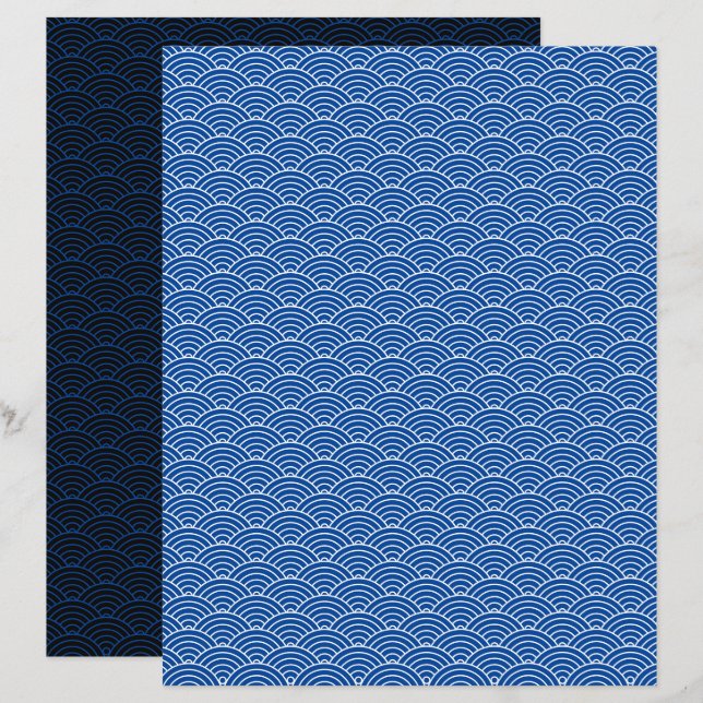 Modern Blue Black Japanese Wave Scrapbook Paper (Front/Back)
